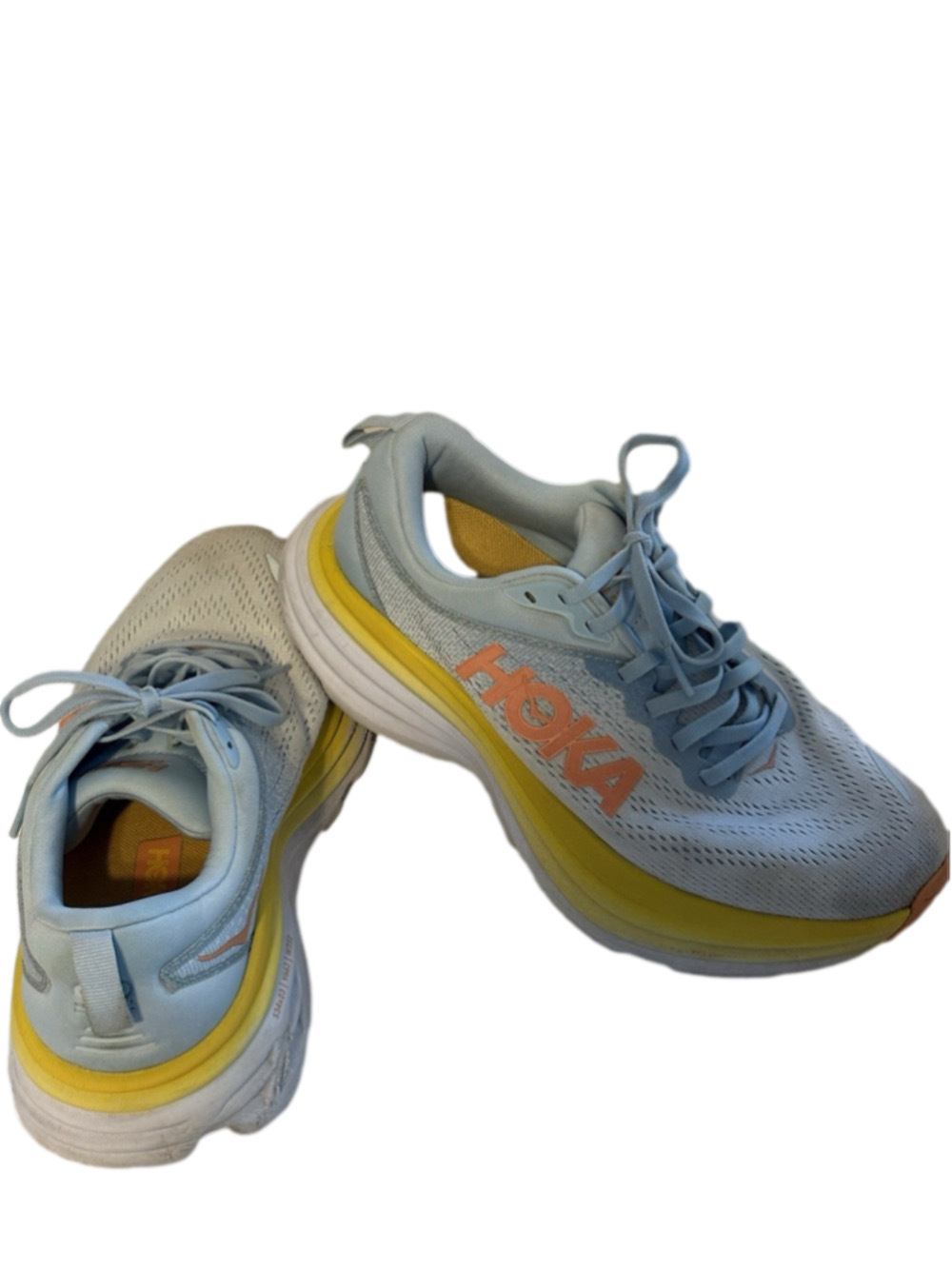 Hoka Unisex Bondi8 Running Shoe Light Blue Yellow Orange 7. 1100